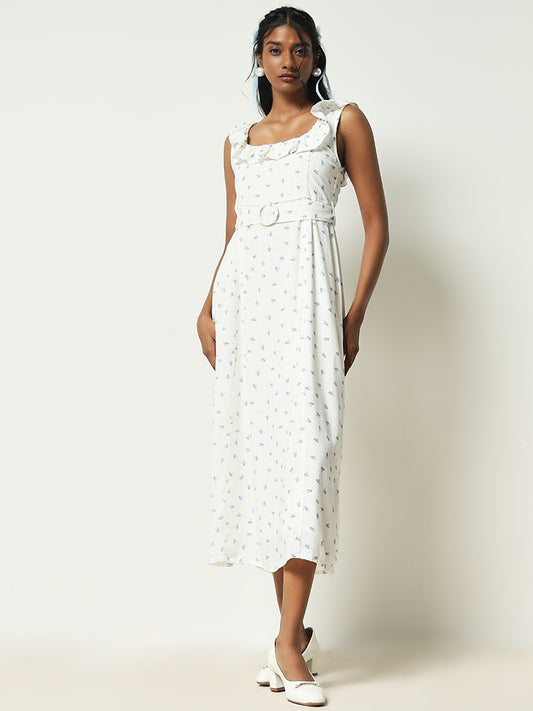 LOV White Floral A-Line Blended Linen Dress with Belt