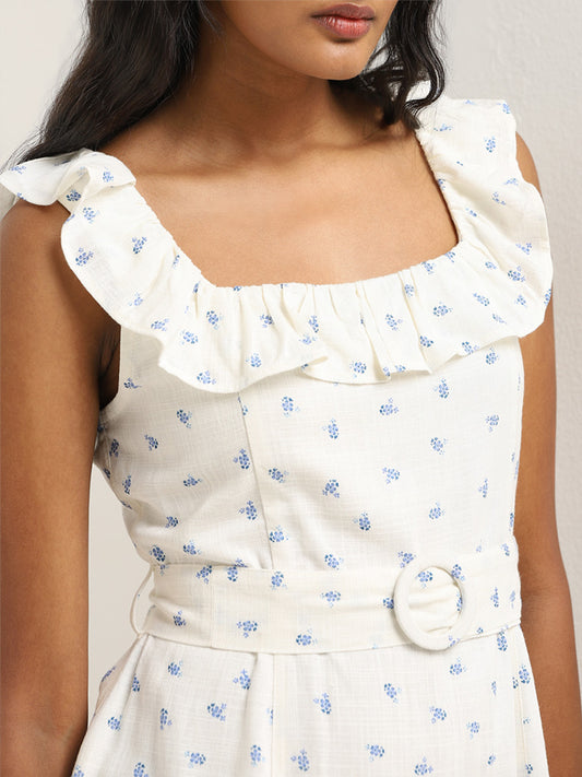 LOV White Floral A-Line Blended Linen Dress with Belt