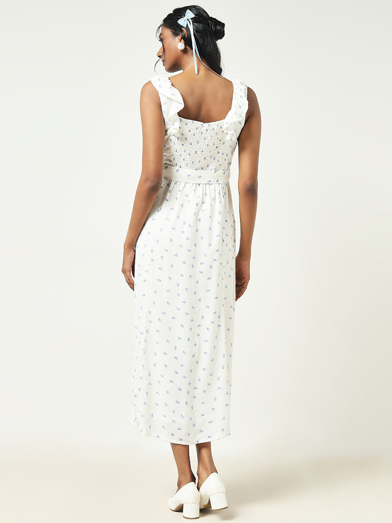 LOV White Floral A-Line Blended Linen Dress with Belt