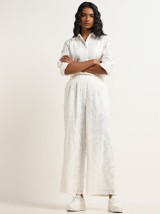 LOV White Jacquard Printed Mid-Rise Cotton Pants