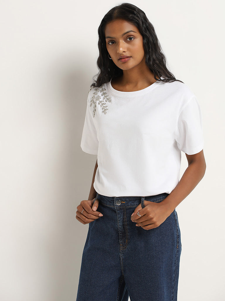 LOV White Leaf Embellished Cotton T-Shirt