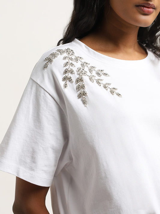 LOV White Leaf Embellished Cotton T-Shirt