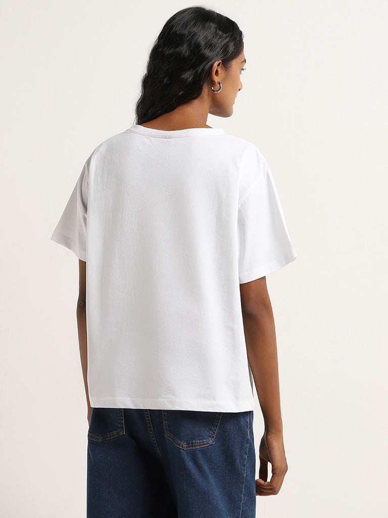 LOV White Leaf Embellished Cotton T-Shirt