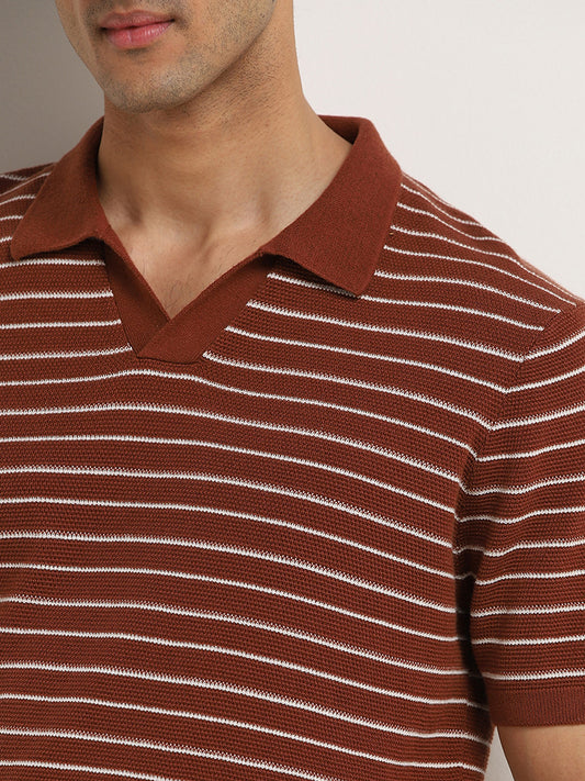 Ascot Rust Striped Textured Relaxed-Fit Polo Cotton T-Shirt