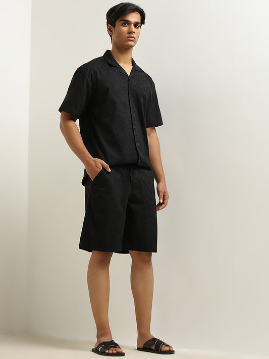 ETA Black Embroidered Mid-Rise Relaxed-Fit Cotton Shorts