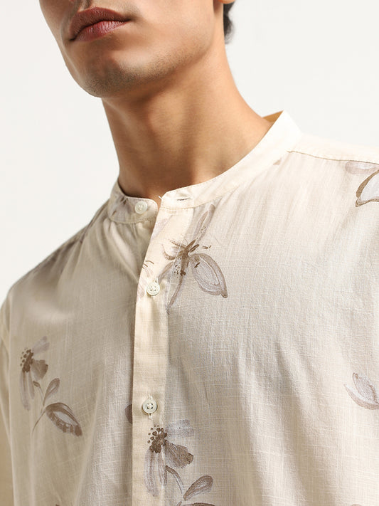 ETA Light Beige Floral Print Resort Fit Cotton Shirt