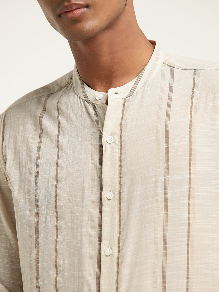 ETA Beige Stripe Printed Resort-Fit Cotton Shirt