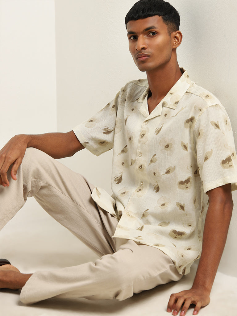 ETA Beige Floral Printed Relaxed-Fit Cotton Shirt