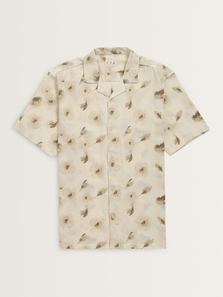 ETA Beige Floral Printed Relaxed-Fit Cotton Shirt