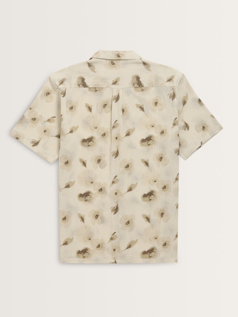 ETA Beige Floral Printed Relaxed-Fit Cotton Shirt