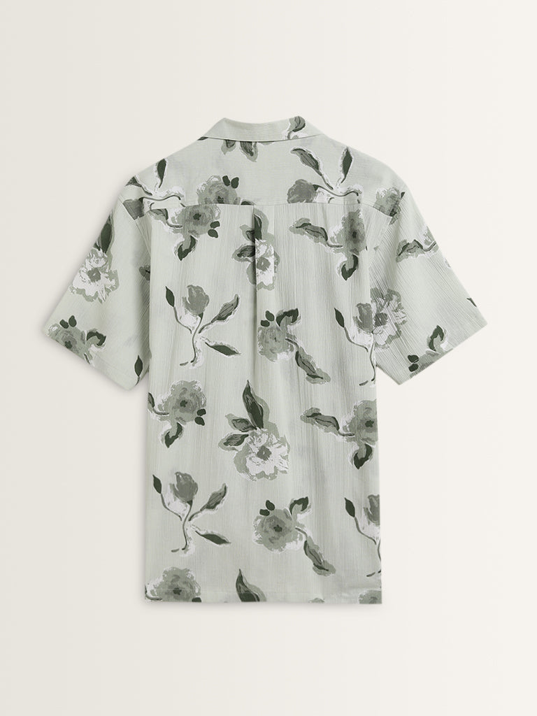 ETA Light Sage Floral Printed Relaxed-Fit Cotton Shirt