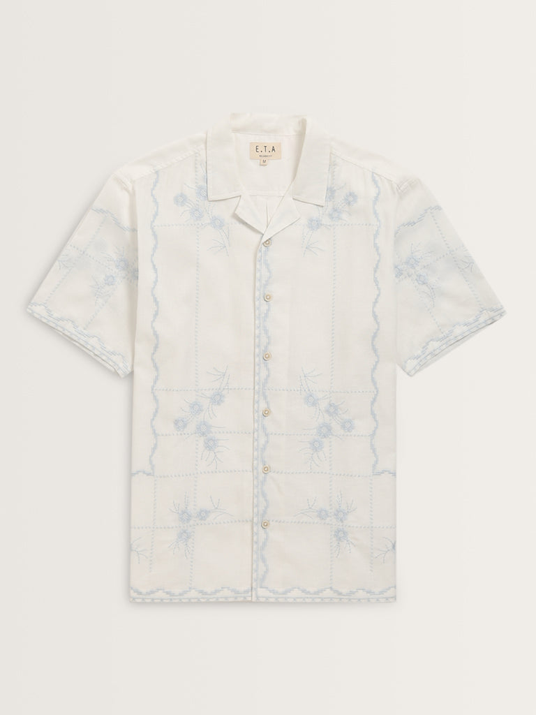 ETA White Floral Embroidered Relaxed-Fit Cotton Blend Shirt