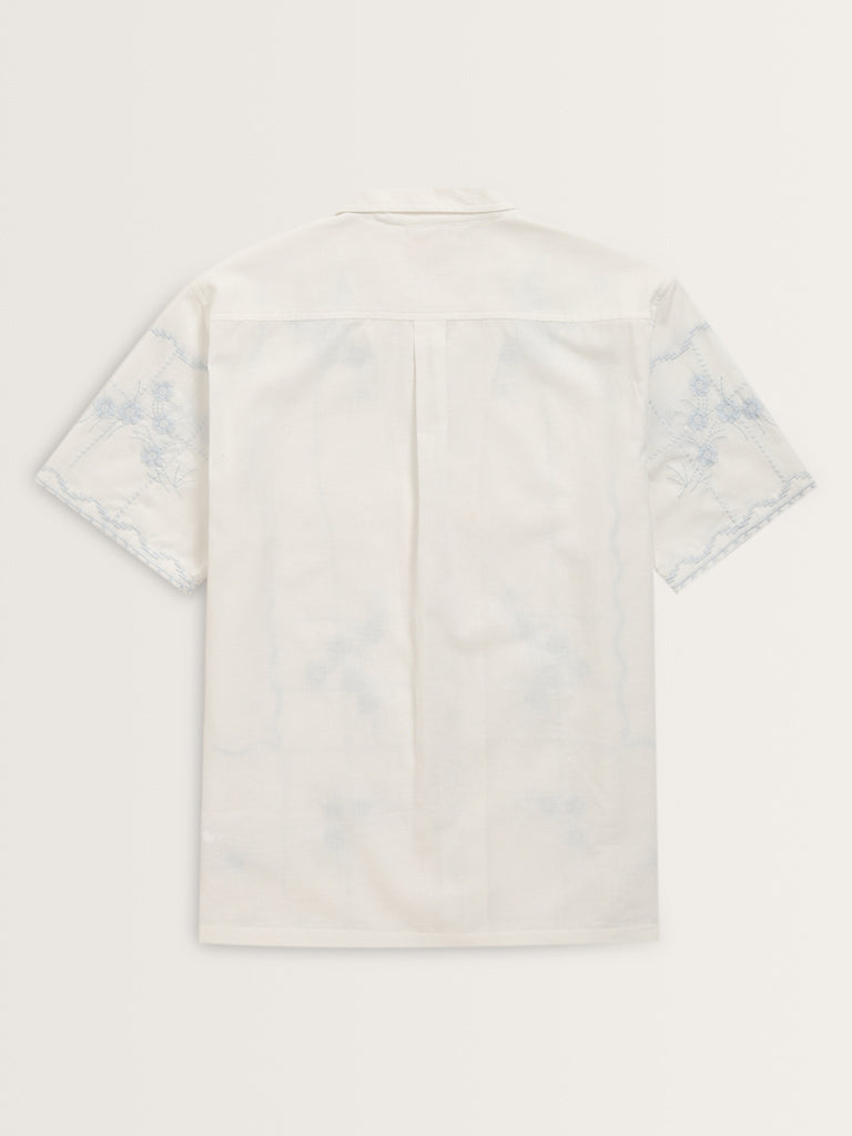 ETA White Floral Embroidered Relaxed-Fit Cotton Blend Shirt