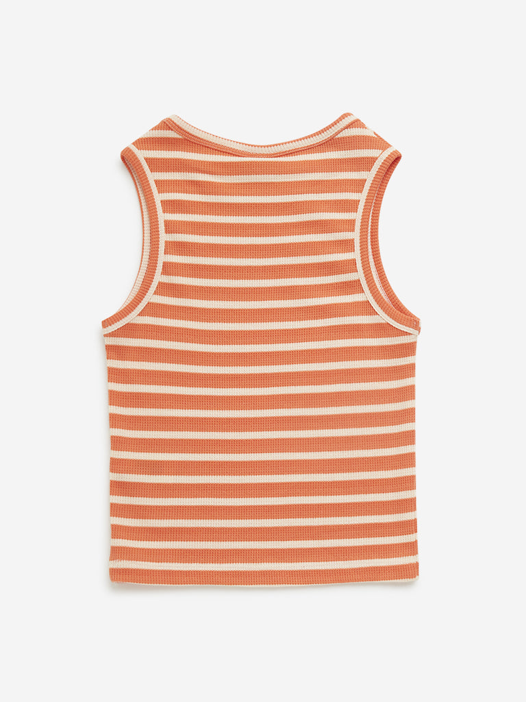 Y&F Kids Orange Striped Ribbed Textured Cotton Top