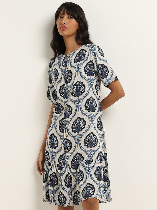 Bombay Paisley Indigo Printed Drop-Waist Dress