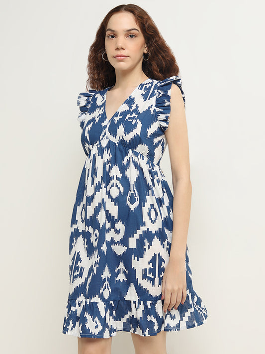 Bombay Paisley Blue Ikat Printed A-Line Cotton Dress