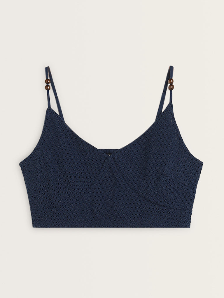 Bombay Paisley Navy Knit-Textured Cotton Crop Top