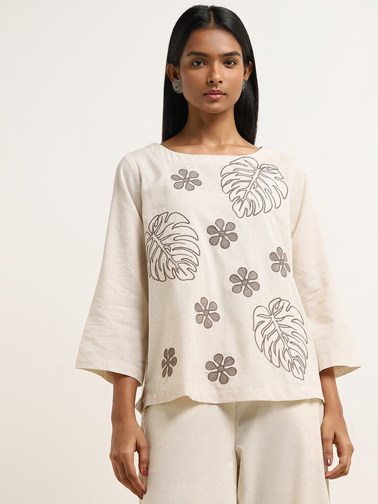 Utsa Beige Foliage Printed A-Line Blended Linen Kurti