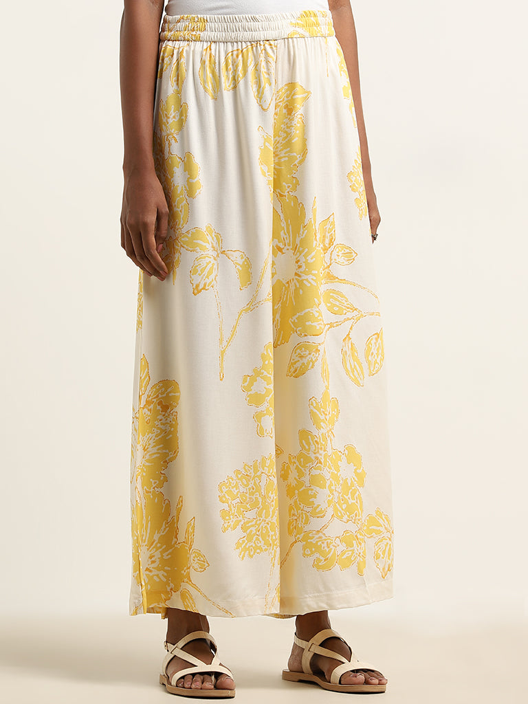 Utsa Yellow Botanical Printed High-Rise Palazzos