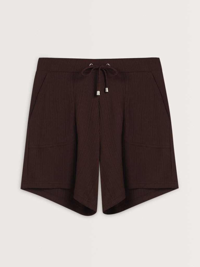 Wunderlove Dark Brown Ribbed High-Rise Shorts