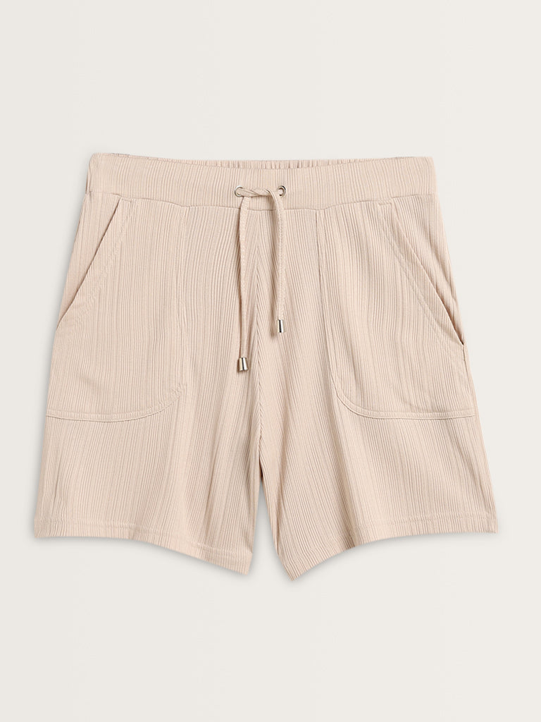 Wunderlove Beige Ribbed High-Rise Shorts