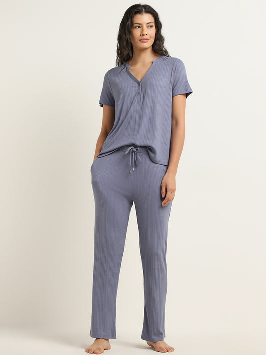 Wunderlove Blue Ribbed Textured High-Rise Pants