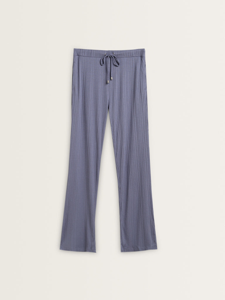 Wunderlove Blue Ribbed Textured High-Rise Pants