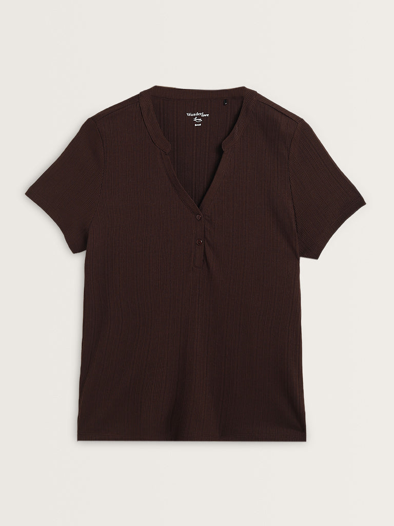 Wunderlove Dark Brown Ribbed Henley Top