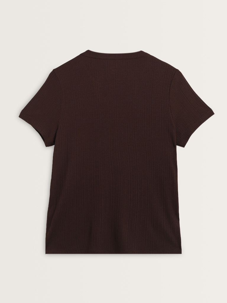 Wunderlove Dark Brown Ribbed Henley Top