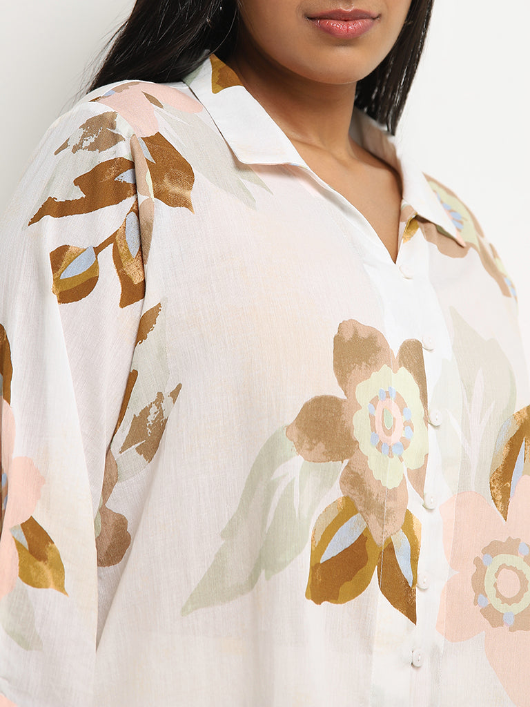 Gia White Floral Printed High-Low Cotton Shirt