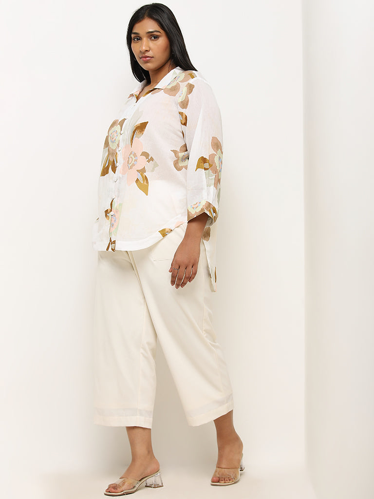 Gia White Floral Printed High-Low Cotton Shirt