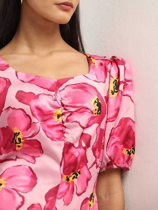 Wardrobe Pink Floral Printed A-Line Dress