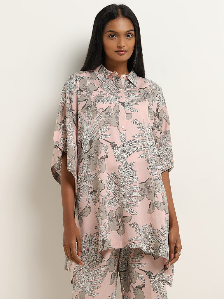 Utsa Light Pink Foliage Printed A-Line Kaftan style Kurta