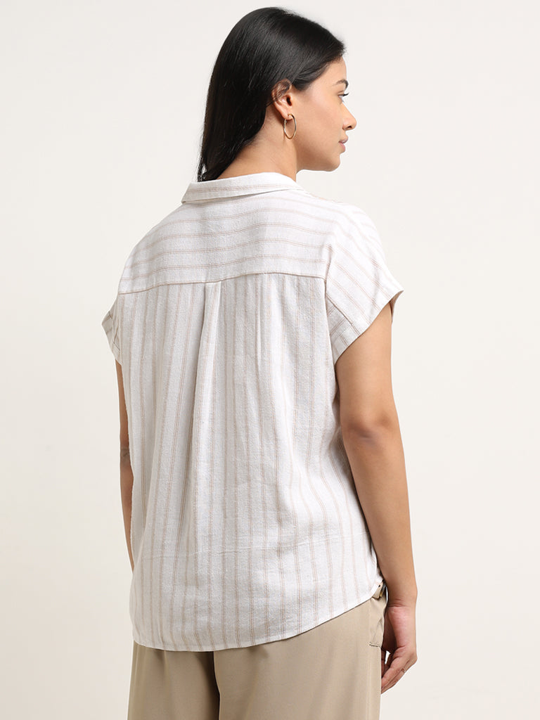 Gia White & Beige Stripe Printed Cotton Blend Shirt