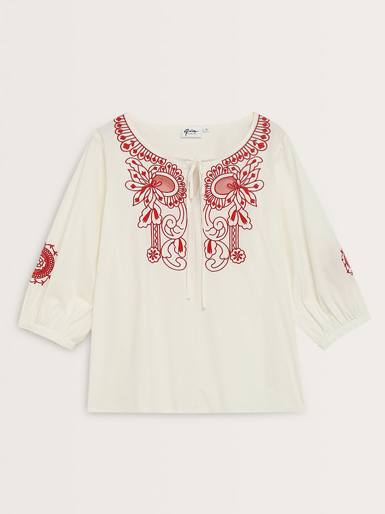 Gia White Embroidered Cotton Blouse