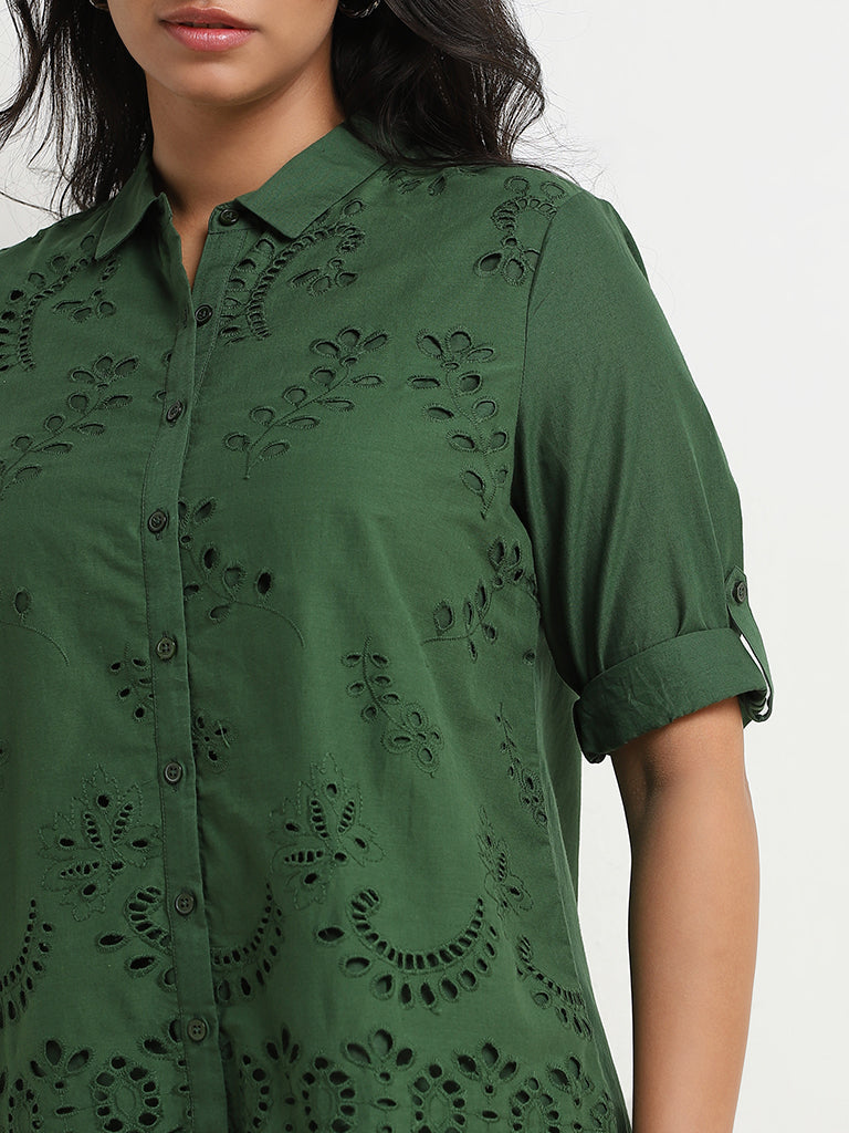 Gia Dark Green Schiffli Design Cotton Shirt