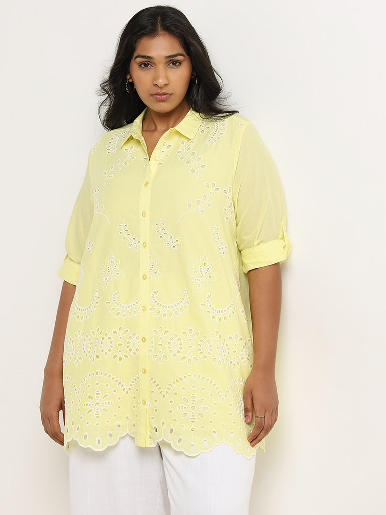 Gia Yellow Schiffli Design Cotton Shirt