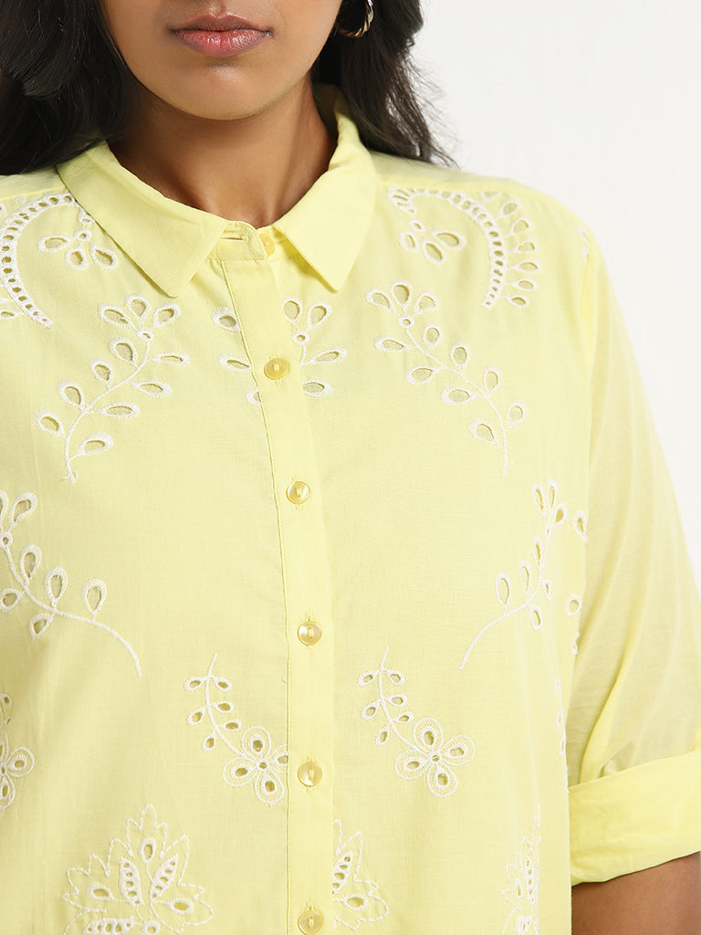 Gia Yellow Schiffli Design Cotton Shirt