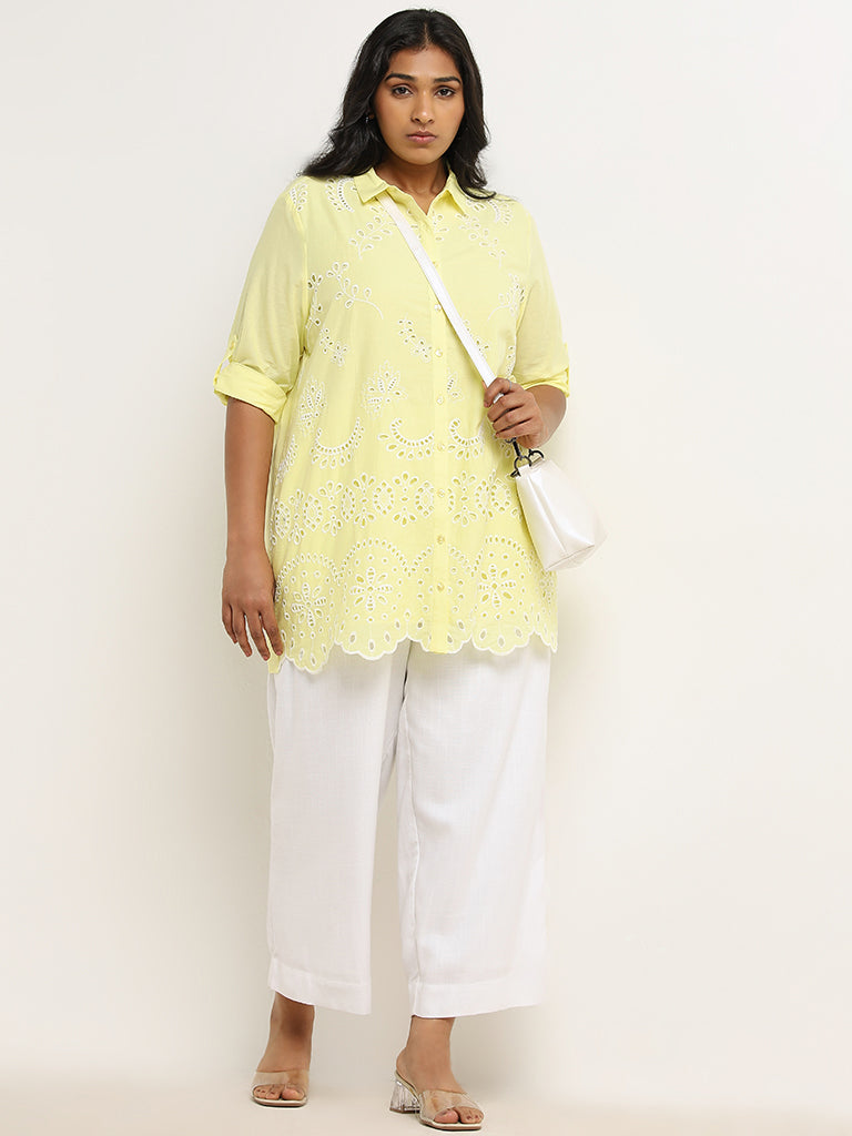 Gia Yellow Schiffli Design Cotton Shirt