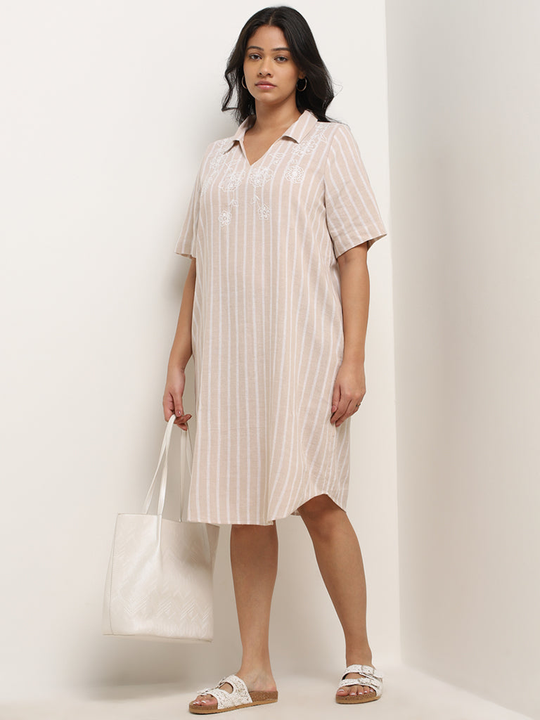 Gia Beige Striped Design Blended Linen Shirt Dress