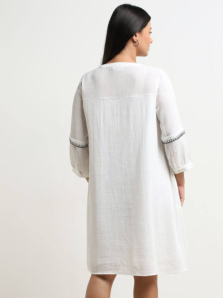 Gia White Crinkle Textured Embroidered Straight Cotton Dress