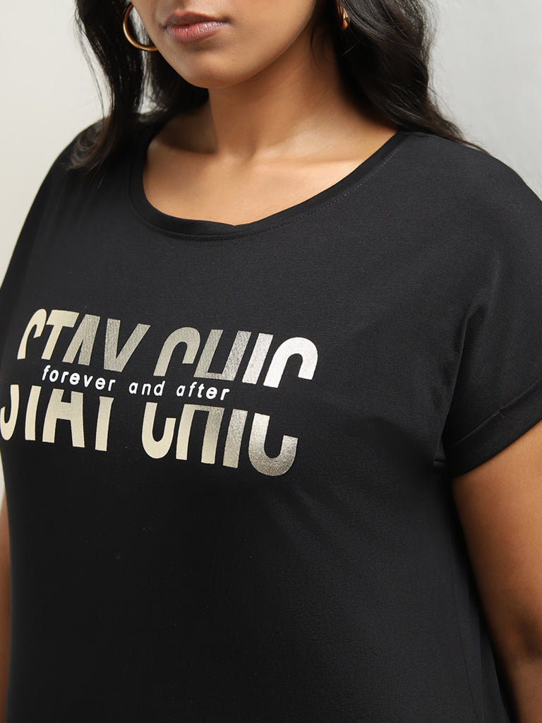 Gia Black Text Printed Cotton T-Shirt