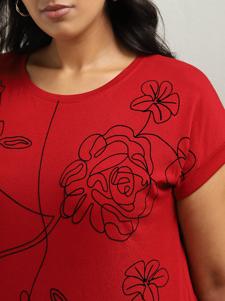 Gia Red Floral Pattern Cotton T-Shirt