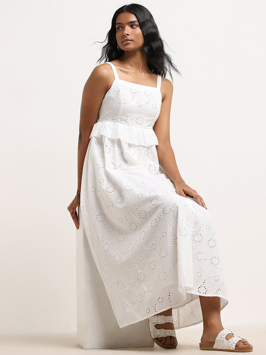 LOV White Schiffli Design A-Line Cotton Dress