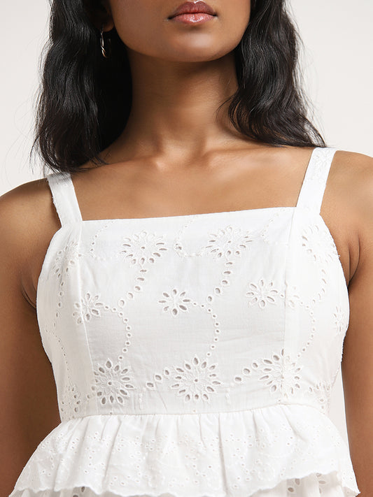 LOV White Schiffli Design A-Line Cotton Dress