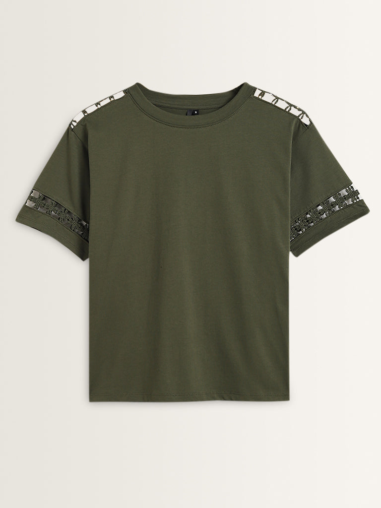 LOV Olive Crochet-Detailed Cotton T-Shirt