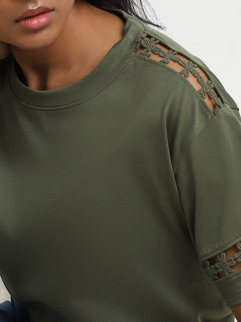 LOV Olive Crochet-Detailed Cotton T-Shirt