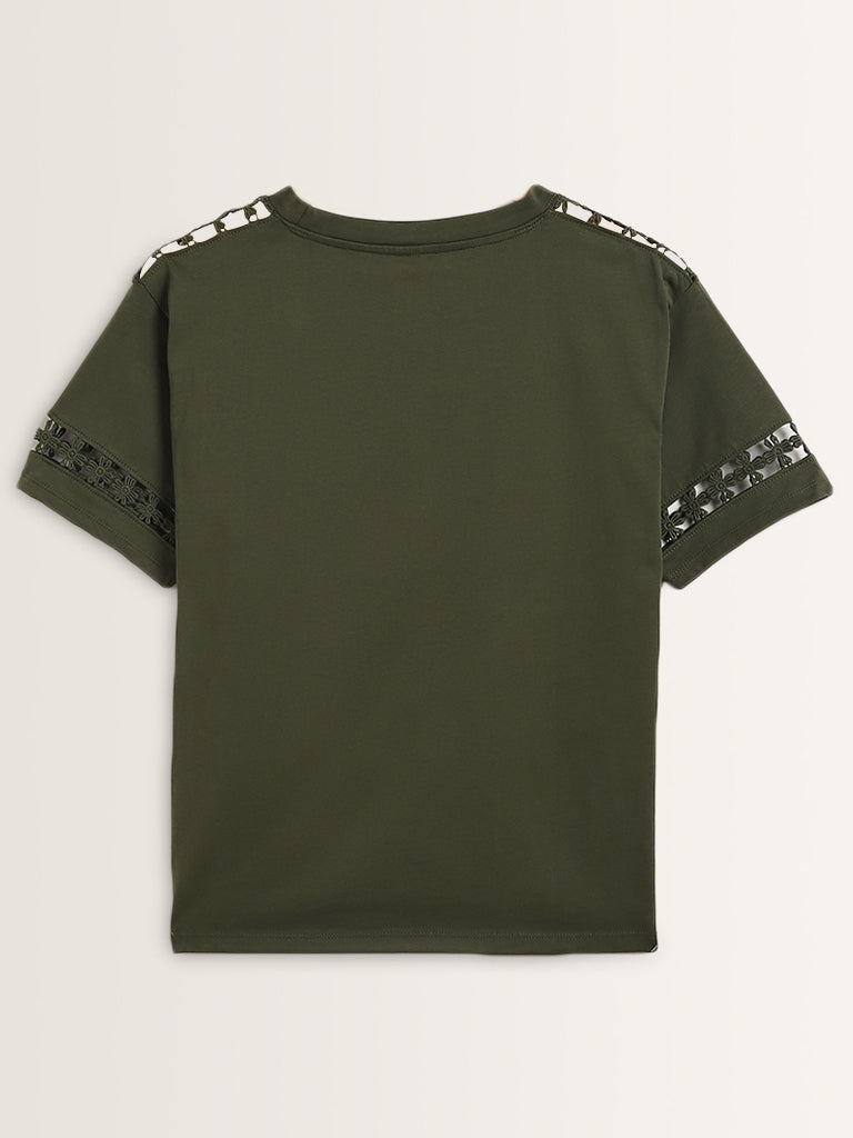 LOV Olive Crochet-Detailed Cotton T-Shirt