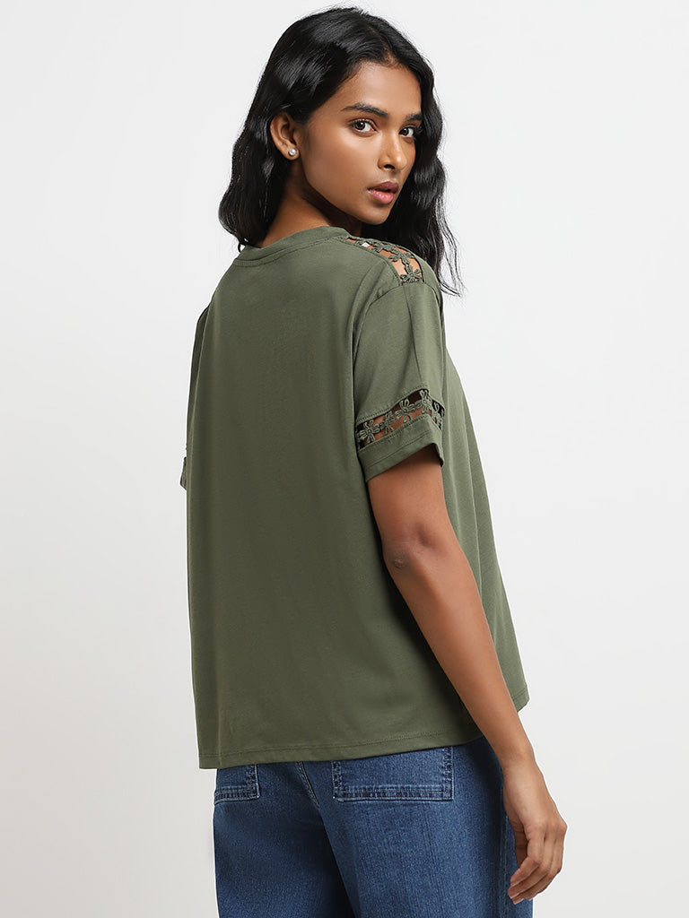 LOV Olive Crochet-Detailed Cotton T-Shirt