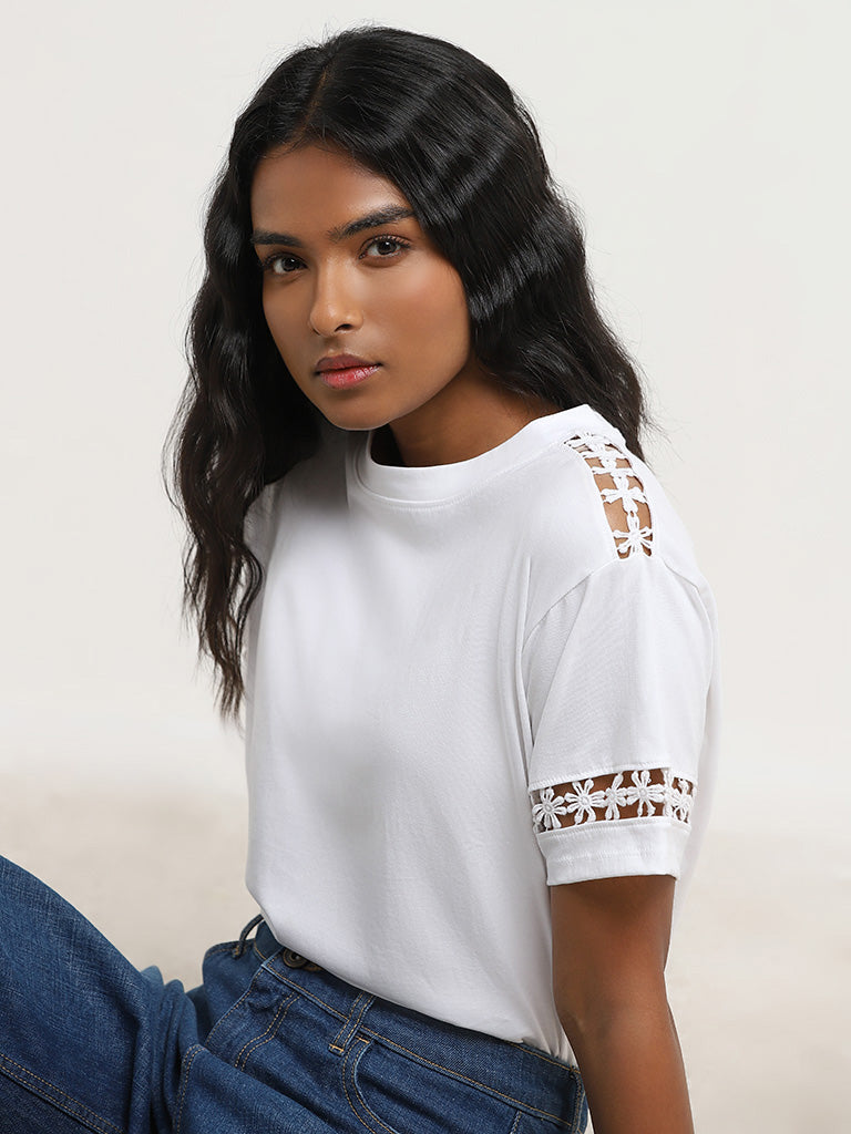 LOV White Floral Detailed Cotton T-Shirt